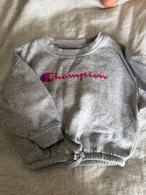 Champion Kids Gray Sweatshirt with Pink Script and Blue Logo Accent